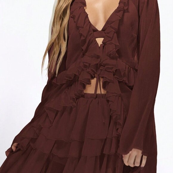 Chocolate Brown Sexy Women's Ruffle Longline Tie Front Top - Picture 3 of 5